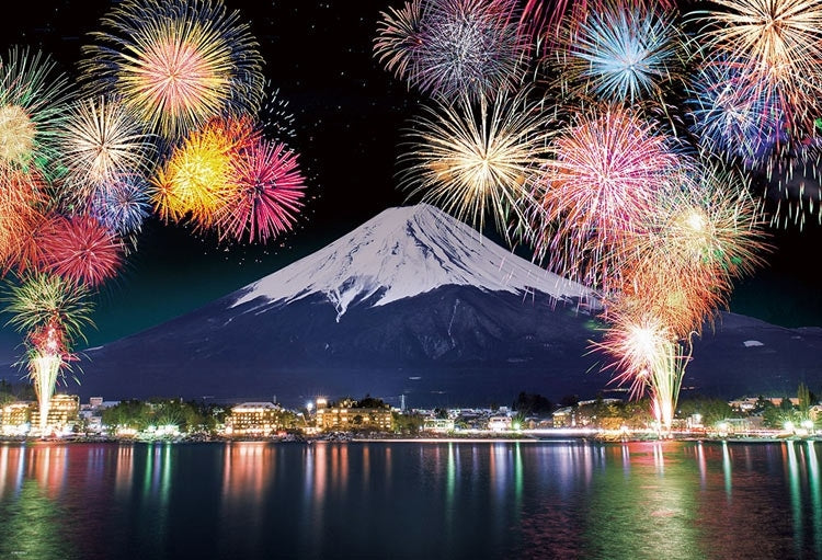 日本風景 - 在河口湖上俯瞰富士山的煙火 1000塊 (49×72cm)