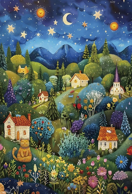 田中直樹 - 星夜搖籃曲～貓守護的花之村 1000塊 (49×72cm)