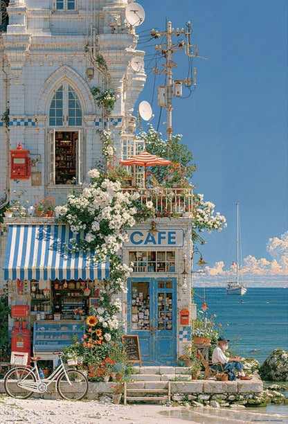 風景 - 海邊盛開鮮花的咖啡店 1000塊 (49×72cm)
