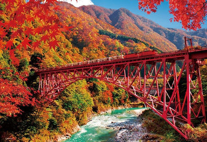日本風景 - 黑部峽的秋葉與列車 300塊 (26×38cm)