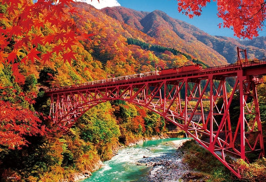 日本風景 - 黑部峽的秋葉與列車 300塊 (26×38cm)