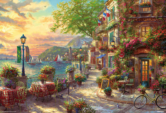 (帆布紋理) Thomas Kinkade - 蔚藍海岸鮮花咖啡館 1000塊 (49×72cm)