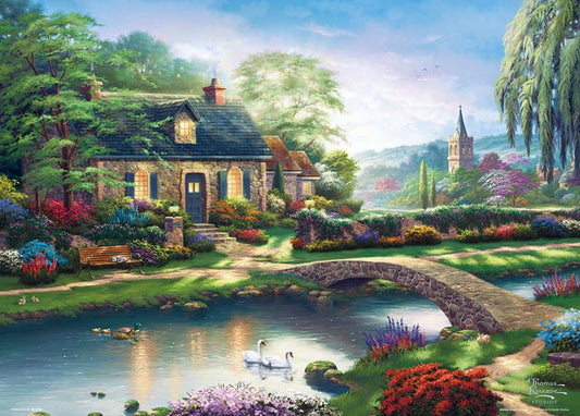 (帆布紋理) Thomas Kinkade - 平靜的湖邊小屋 600塊 (38×53cm)