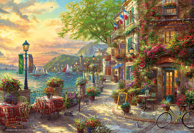 (迷你尺寸) (帆布紋理) Thomas Kinkade - 里維埃拉花開花咖啡館 1000塊 (26×38cm)